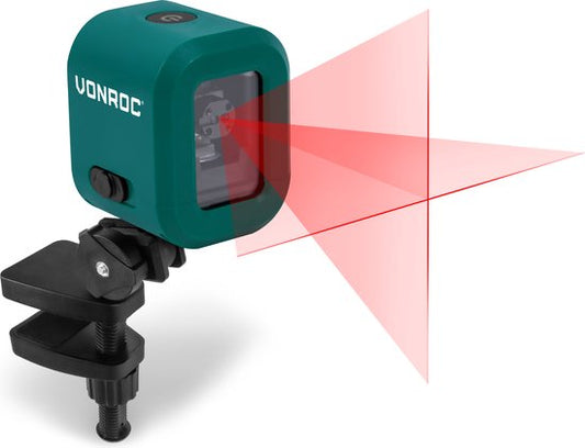 VONROC Cross Line Laser- Rouge - Batterie 4V - 1800mah - Nivellement automatique - Portée de 10 mètres - Support de montage, câble USB-C et sac de rangement inclus.