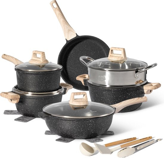 Just Perfecto 15 Piece Induction Cookware Set - Black Cookware Set With Lid For Gas and Induction - PFAS free - Cold grips