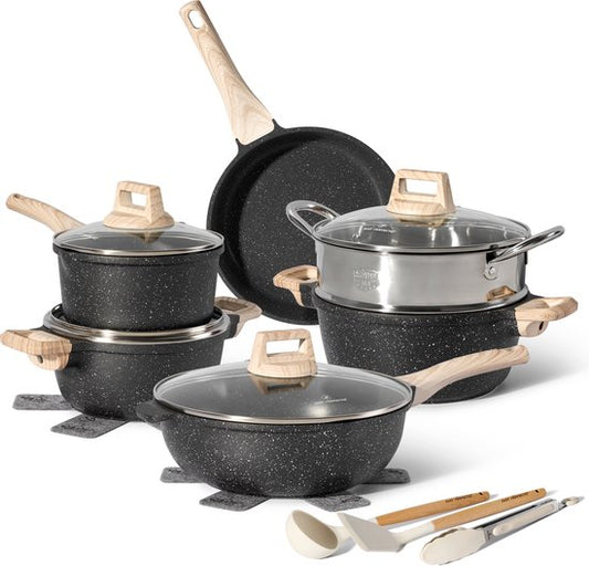 Just Perfecto 15 Piece Induction Cookware Set - Black Cookware Set With Lid For Gas and Induction - PFAS free - Cold grips
