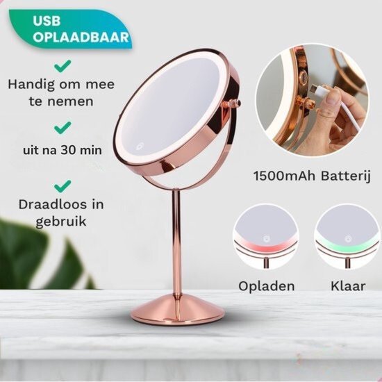 Mirlux Miroir de maquillage avec éclairage LED - lumière grossissante 10x - miroir de rasage petit sur pied - 3 niveaux d'éclairage - rechargeable - miroir grossissant rose or