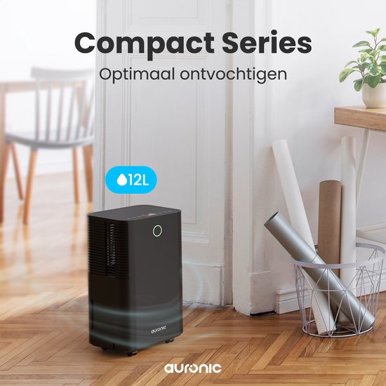 Déshumidificateur Auronic - Série compacte - 12L par jour - Fonction Lavage-Séchage - Chambre à coucher, Salle de bain et Salon - Élimination de l'humidité pour la maison - Noir