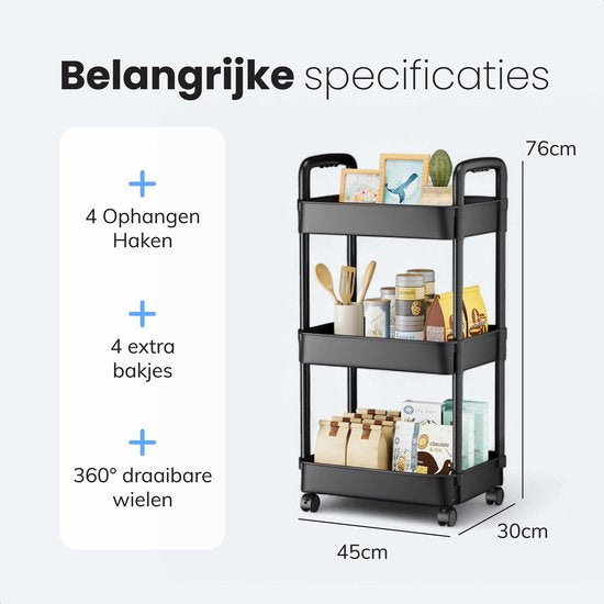 Chariot de cuisine sur roulettes - 3 étages - Rayonnage - Service - Chariot - Armoire - Rangement - Armoires de douche debout - Rayonnage - Noir - Luft