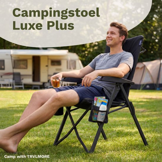 TRVLMORE Chaise de camping de luxe - pliable - capacité de charge de 150 kg - sac de transport inclus - chaise pliante - chaise de camping - chaise pliante - noir