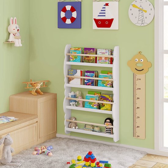 Support mural de livres pour enfants Woltu 98x60x14,5 cm Vert ou blanc avec aspect chêne - Support de rangement Montessori pour chambre d'enfant