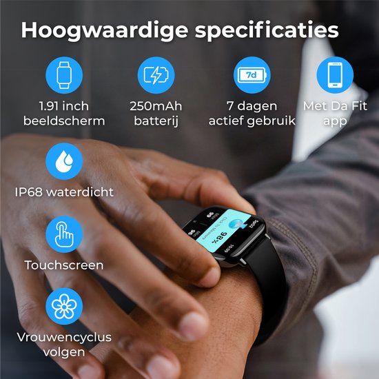 Nuvance - Smartwatch Hommes et Femmes avec Bluetooth - IP68 Waterproof - Convient à tous les Smartphones - Podomètre et moniteur de fréquence cardiaque - Noir