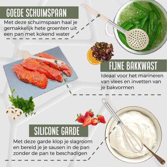 COOCK Batterie de cuisine en silicone avec support XL - Batterie de cuisine 26 pièces - Sans BPA ni plastique - Susceptible d'être suspendue - Ouvre-boîte inclus - Beige