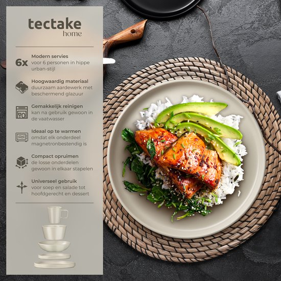 tectake® Ensemble de vaisselle Una - 30 pièces - Faïence - 6 personnes - Vaisselle élégante et durable - Ensemble d'assiettes avec grandes et petites assiettes, bols, coupes - Taupe