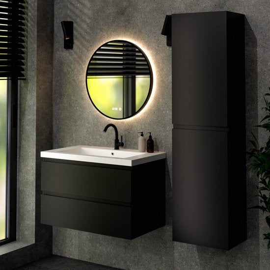 Mirlux Tapis de salle de bains Noir 80 cm - Lavabo Blanc - Meubles de salle de bains - Tapis de salle de bains Noir