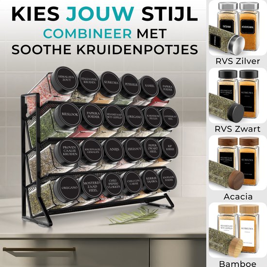 Soothe Spice Rack Standing and Hanging for 24 Spice Jars - 4 Layers - Spice Organiser - Spice Rack - Noir