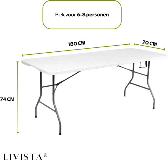 Livista® Table pliante - Table pliante - 180 x 70 cm - Table pliante - Antidérapante et résistante aux intempéries - Blanc