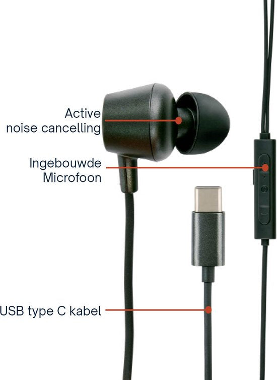 Grundig Earbuds with wire USB C - In-Ear Earbuds with Wire 120cm - Earbuds with Microphone - Adapté à iPhone, Samsung et Tablet - Active Noise Cancellation - Black