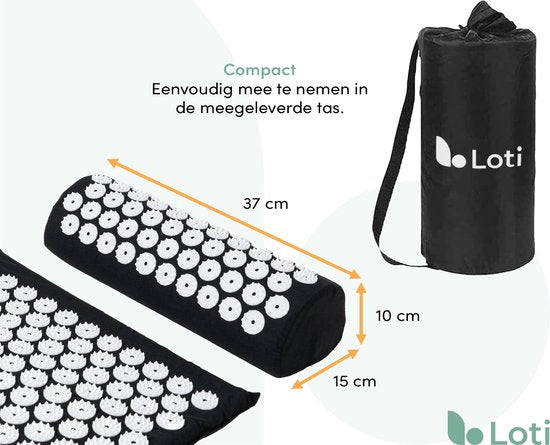 Loti Nail Mat with Nail Cushion - Black/White - Tapis d'acupression - Lit d'ongle - Coussin d'acupuncture - Massage Shakti - Sac de transport inclus