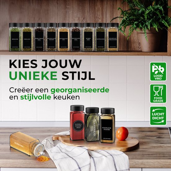 Soothe 24 pots à épices en verre carrés avec couvercle noir - 2 types de couvercles à saupoudrer - Spice Spreader - Pots à épices - Set complet avec stickers à épices, stick à craie et accessoires - 120ml