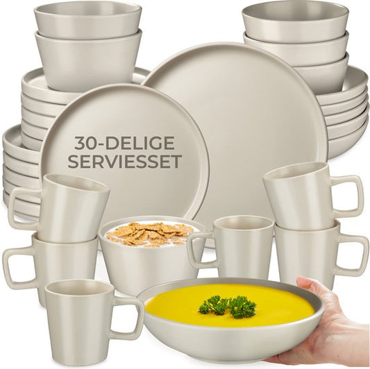 tectake® Ensemble de vaisselle Una - 30 pièces - Faïence - 6 personnes - Vaisselle élégante et durable - Ensemble d'assiettes avec grandes et petites assiettes, bols, coupes - Taupe