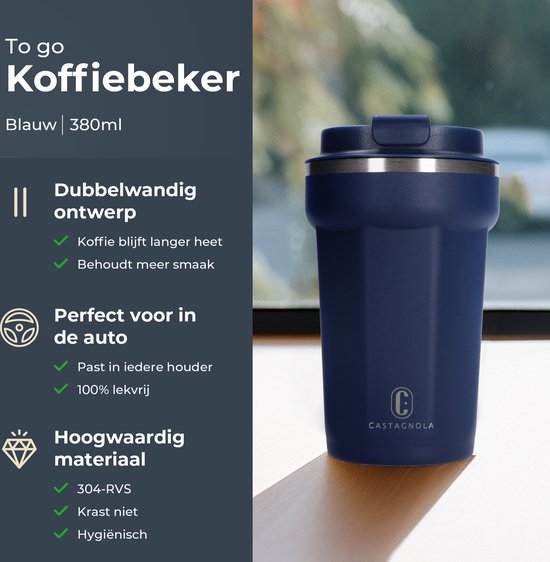 Mug thermos Castagnola - Tasse à café à emporter - Mug de voyage pour le café et le thé - Mug à thé - 380 ML - Acier inoxydable - Bleu foncé - Octogone