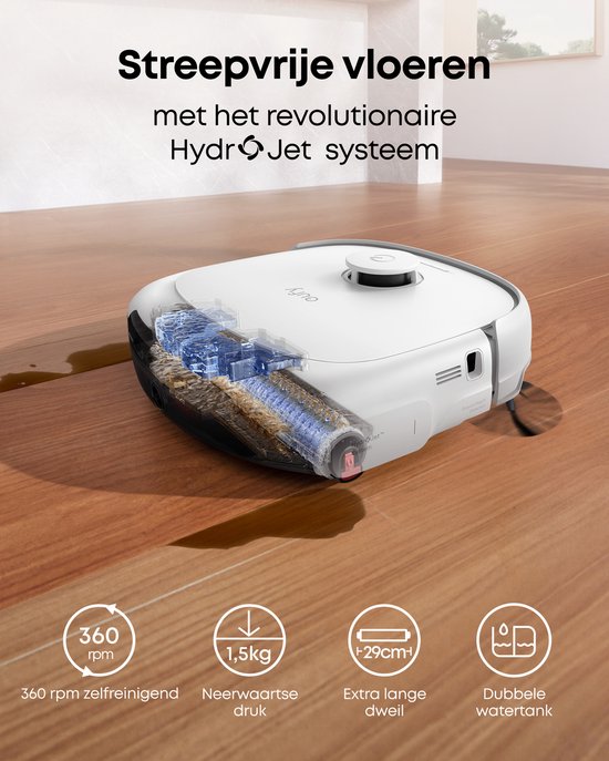 eufy Robot Aspirateur Omni E25, système de balayage HydroJet, puissance d'aspiration de 20 000 Pa, brosses DuoSpiral qui démêlent, bras CornerRover pour nettoyer les coins, station tout-en-un, pour les familles avec animaux et enfants.