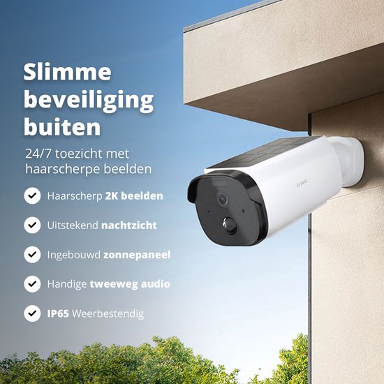 FlinQ Smart Security Camera Sentinel - USB & Solar Rechargeable - Caméra extérieure avec panneau solaire - Caméra de sécurité extérieure - 2K HD - Vision nocturne