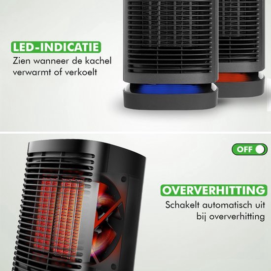 Travelhawk Chauffage électrique - Chauffage céramique - 3 niveaux - 950W - Chauffage électrique avec indication LED - Rotatif - Noir