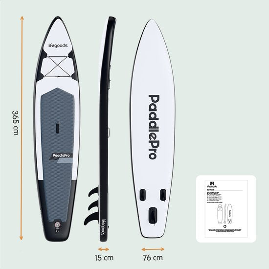 LifeGoods SUP Board Touring - Capacité de charge 165 KG - 365 x 76 cm - Gonflable - Pack Sup complet - Blanc/Noir