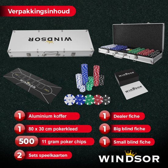 Set de poker Windsor - 500 jetons - Tissu de poker - Blinds - Cartes - Jetons de poker - Jetons de poker