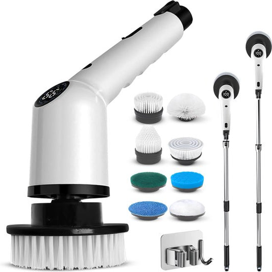 Samako Brosse de nettoyage électrique - Autolaveuse électrique - Brosse de nettoyage étanche IPX6 avec manche - 9 accessoires - Polisseuse - Autolaveuse