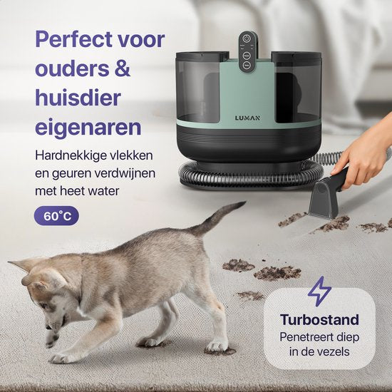 LUMAN Nettoyeur de tapis 4 en 1 - Fonction chauffante et autonettoyante - Nettoyeur de taches - Nettoyeur de sièges - Nettoyeur pour canapé, sol, voiture et tapis - 4 brosses - Produit nettoyant inclus - Cordon de 7 mètres