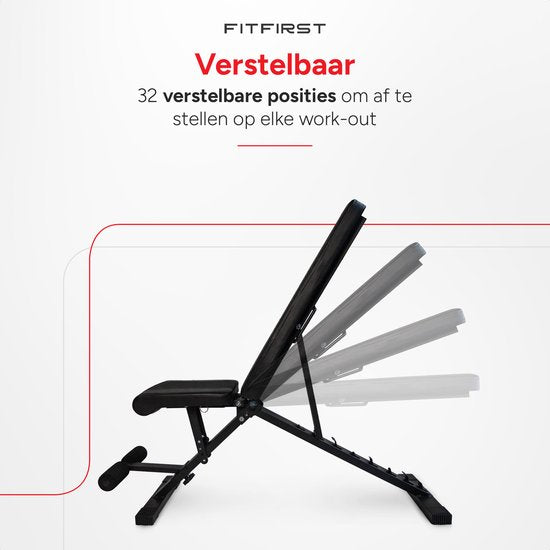 Banc d'exercice FitFirst® - Dossier extra large - Jusqu'à 300KG - Stabilité maximale - Pliable et réglable en 32 positions - Léger et robuste - Banc Halter - Banc d'exercice