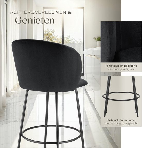 tectake® - Lot de 2 tabourets de bar Luana - Tabouret de bar rembourré avec dossier - Tabouret de bar avec repose-pieds - Chaise de salle à manger avec revêtement en velours - Pieds en acier robuste avec protection antidérapante du sol - Noir/noir