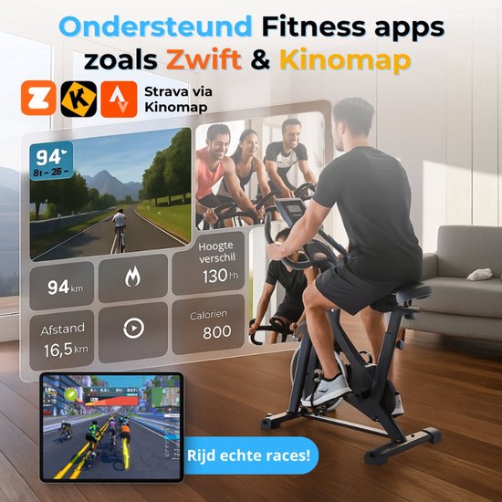 Vélo d'exercice - Vélo de fitness - Vélo de spinning - Roue d'inertie 8KG - Moniteur de fréquence cardiaque - App inclus - Extrêmement silencieux