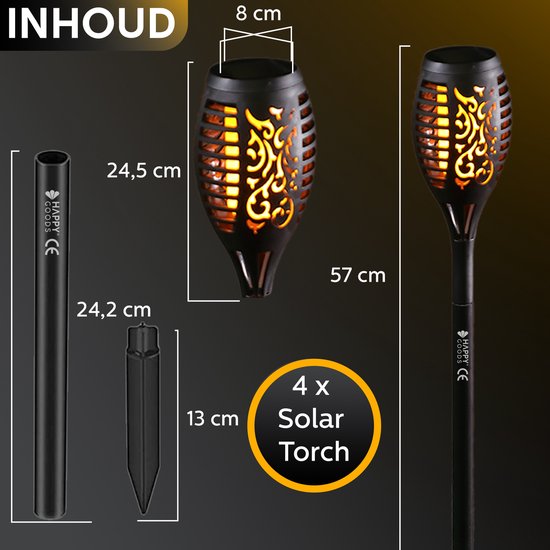 Happy Goods Solar Garden Lighting on Solar Energy - 4 Garden Torches - 57 cm - Waterproof - Outdoor Lighting with Sensor - Garden Lanterns