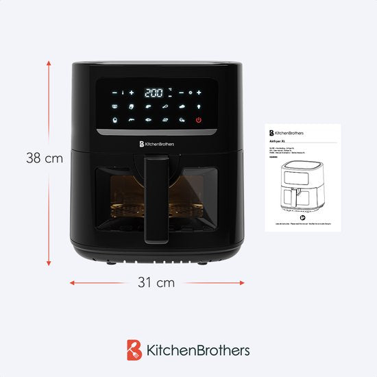 KitchenBrothers Airfryer XL - 6L - 1600W - Friteuse à air chaud - 50ºC à 200ºC - 10 programmes de cuisson - Noir
