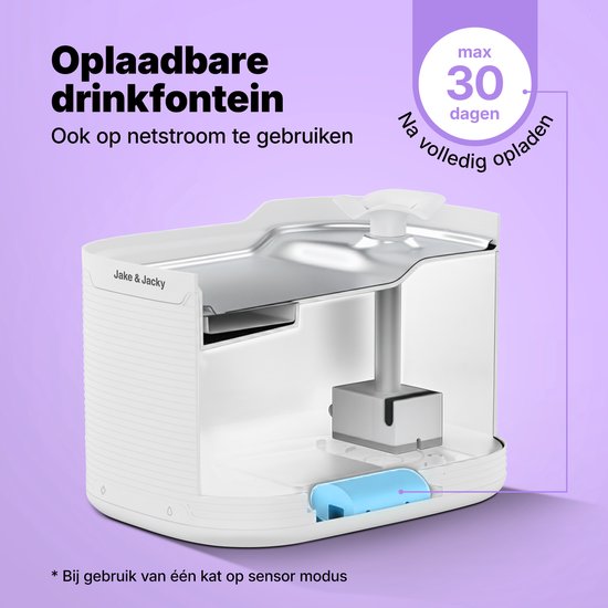 Jake & Jacky Abreuvoir inox sans fil pour chat et chien - Avec capteur et pile - Fontaine à eau pour chat - Abreuvoir pour chat - Bol à eau - Silencieux - Filtre inclus - 2.5L - Blanc