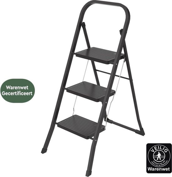 BRASQ Échelle ménagère 3 marches noire - Échelle de cuisine en métal pliable pour usage privé et professionnel - Échelle - Antidérapante