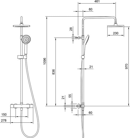 Colonne de douche 3 jets Villeroy & Boch, Universal Showers douchette 110 mm, avec mitigeur thermostatique, chrome