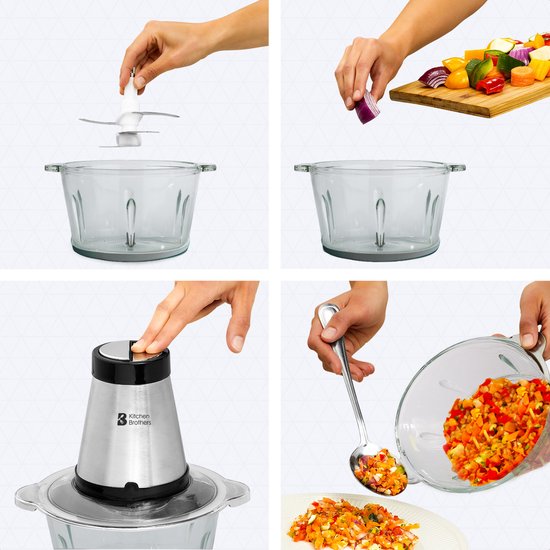 KitchenBrothers Chopper - Hachoir électrique - 2 vitesses - 300W - 1.8L - Bol en verre