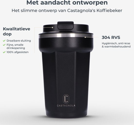 Castagnola Thermos Cup - Coffee Mug To Go - Travel Mug for Coffee and Tea - Tea Mug - 380 ML - Stainless Steel - Black - Octagon