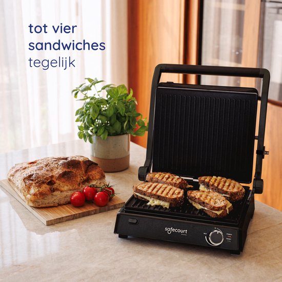 Safecourt Kitchen - Contact Grill 3-en-1 - Grille-pain, grille-pain et plaque de gril - Plaques amovibles - Sans PFAS - Noir