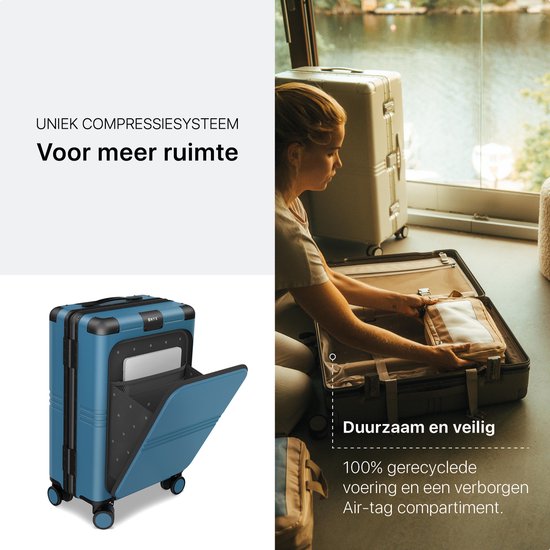 ONYX Hybrid Pro Hand Luggage Suitcase with Front Pocket 38 Litres - Recycled Polycarbonate and Zipperless Design - Travel Suitcase with TSA Lock and Spinner Wheels - Lightweight Trolley with Laptop Compartment - Glacier Blue