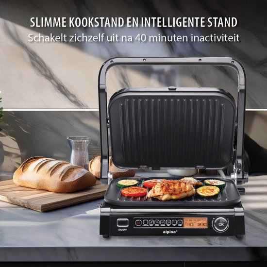 alpina Contact Grill 2100W - Appareil à sandwich avec 7 supports de gril - Gril de table avec plaques amovibles - Gril à panini 37,6 x 33,1 cm - Revêtement antiadhésif - acier inoxydable/Aluminium