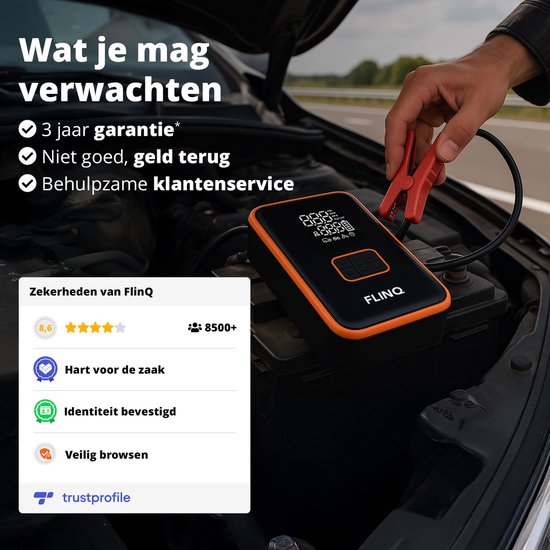 FlinQ 12V Jumpstarter for Car & Motorbike - 4-in-1 Air Compressor, LED Flashlight, SOS Emergency Light & Powerbank - Electric Tyre Pump - Starting Aid - Including Storage Bag