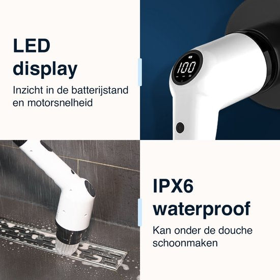 Samako Brosse de nettoyage électrique - Autolaveuse électrique - Brosse de nettoyage étanche IPX6 avec manche - 9 accessoires - Polisseuse - Autolaveuse