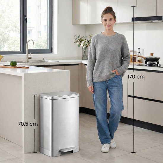 Bayt Poubelle - Poubelle 60 litres - Inclus 2 rouleaux de sacs poubelles - Poubelle 60 litres - Poubelle à pédale 60 litres - Poubelle - inox - Silver