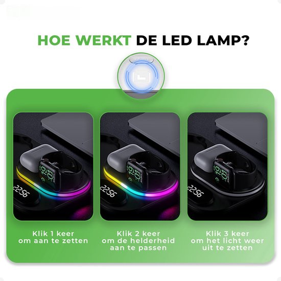 iSetchi Wireless Qi Charger 15 Watt Fast Charger (4-in-1) - Avec adaptateur Quick Charge 3.0, horloge LED et lampe LED - Station de charge Qi