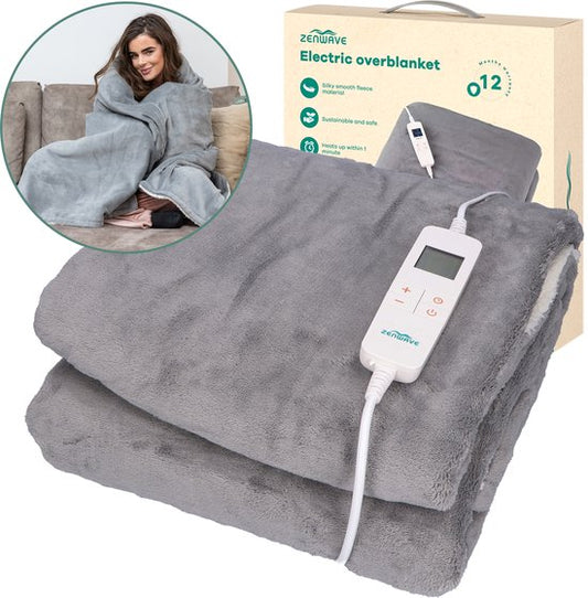 Couverture électrique Zenwave 180x130cm - Résistance à la machine à laver Couverture grise - Couverture chauffante à 10 réglages - Plaid chauffant en polaire ultra doux - Couverture électrique - Camping et plein air - 1 personne