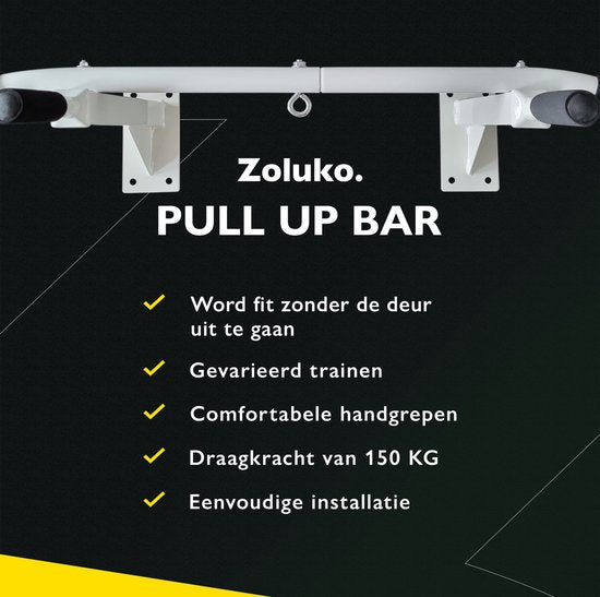 Zoluko Professional Pull Up Bar Wall Mount - Including E-book - 150kg Carrying Capacity - Easy Mounting - Pull Up Bar Fitness - Pull Up Station for Home Sports - Chin Up Bar - White