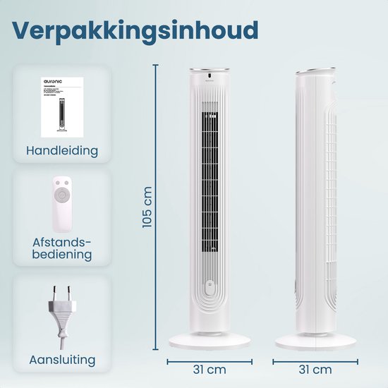 Auronic Tower Fan - Floor Fan - Air Cooler - Standing Fan - 105 CM - 5 Speeds - With Remote Control - Silent Fan - Fan - 45 dB - White