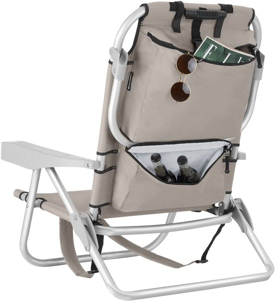 tectake® Beach Chair Coral - Chaise de camping pliable avec sac isotherme et sac de rangement - Dossier réglable en 5 sens avec coussin de tête - Accoudoirs larges avec porte-gobelet / porte-téléphone - Chaise de camping pliable - Beige