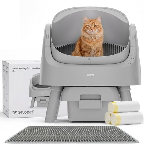 TrevoPet® Bac à litière automatique - autonettoyant et sûr - pour chats jusqu'à 12 kg - tapis, 60 sacs à déchets et accessoires inclus - bac à déchets de 10 litres - gris