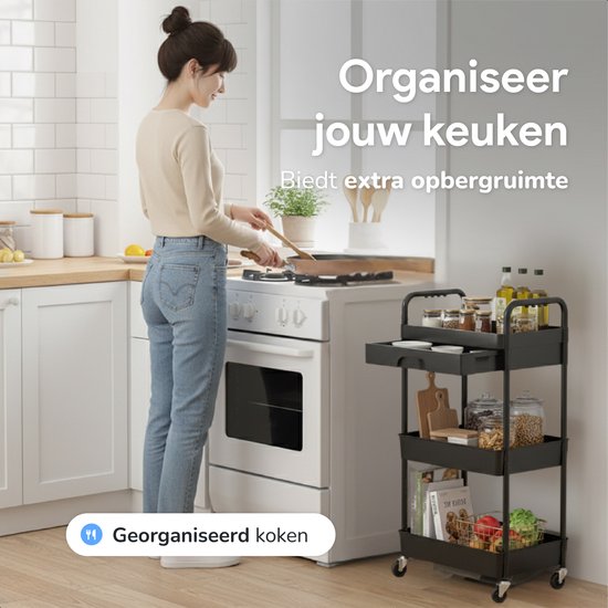 Chariot de cuisine avec tiroir sur roulettes - 3 étages - Étagère de cuisine - Chariot de service - Armoire - Chariot - Rangement - Armoires de douche sur pied - Étagère - Noir - Luft
