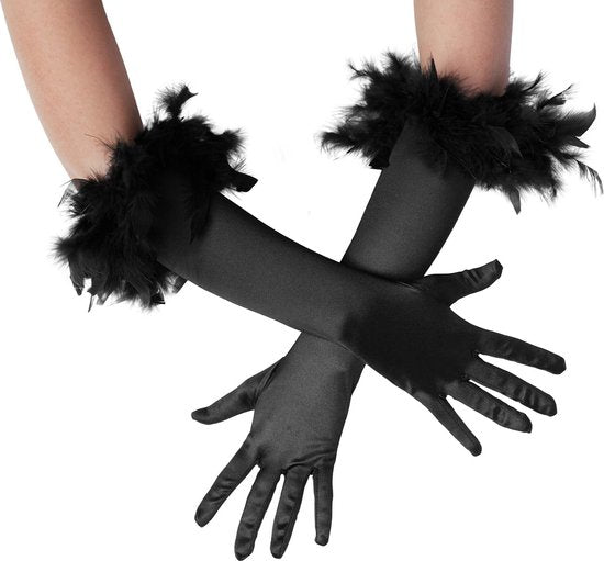 dressforfun - Longs gants en satin avec plumes noir - costume de déguisement halloween partywear carnaval partywear - 304589